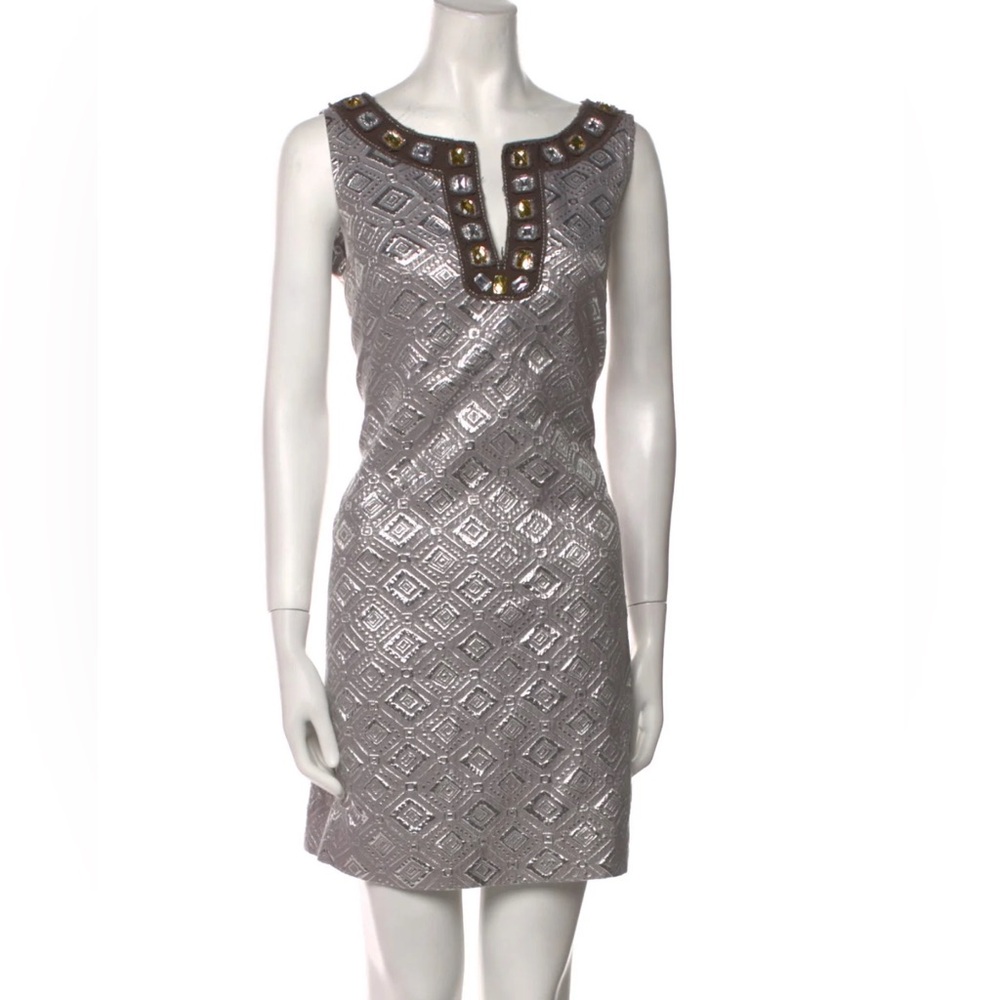 Tory Burch Silver Metallic SleevlessMini Dress with Geometric Design Sz 8